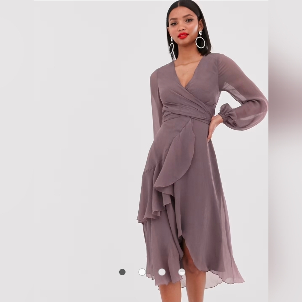  ASOS Design Mauve Wrap Waist Midi Dress Wedding Guest Mother of the Bride
